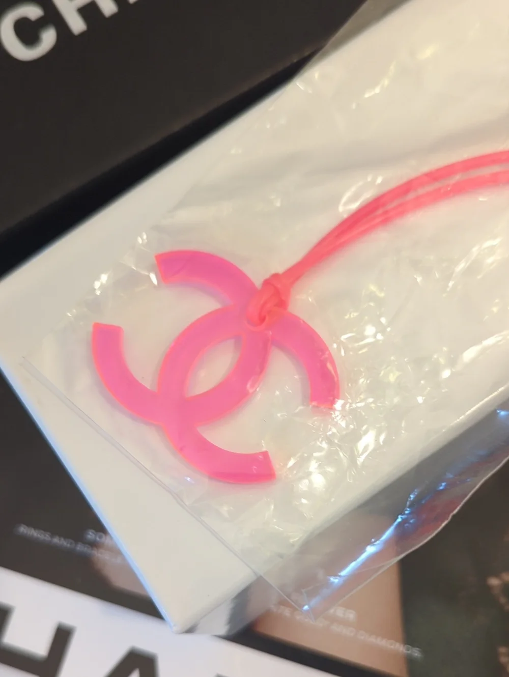 CHANEL Neon Pink CC Logo Charm Keyring